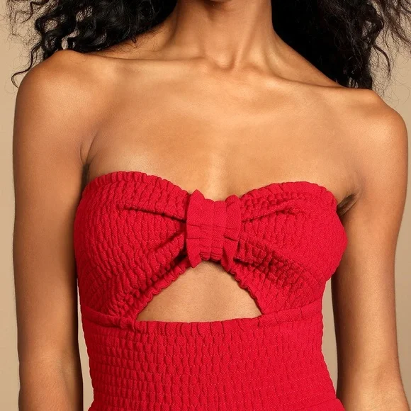 Bow Up Brick Red Smocked Strapless Wide-Leg Jumpsuit - Picture 2 of 9